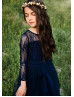 Long Sleeves Navy Blue Lace Tulle Rustic Flower Girl Dress